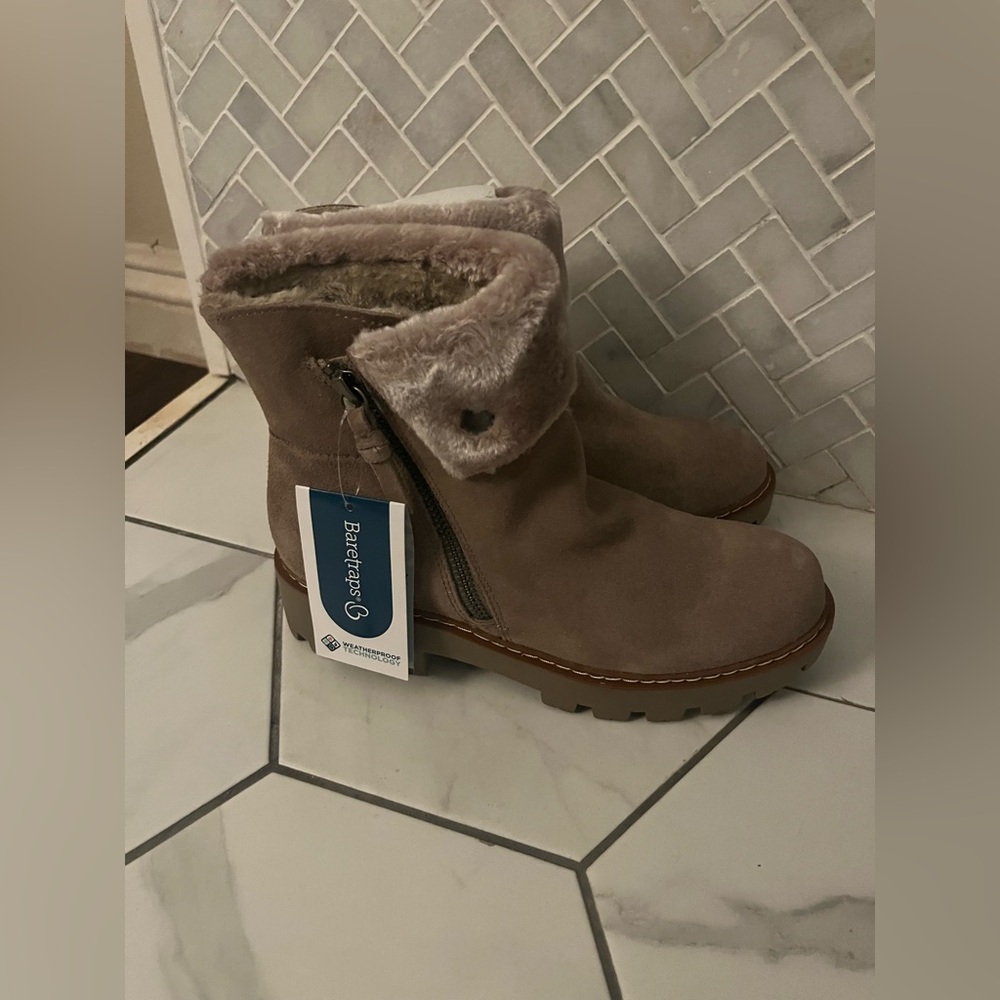 BareTraps Taupe Faux-Suede Faux-Fur Foldover Ankle Boots
